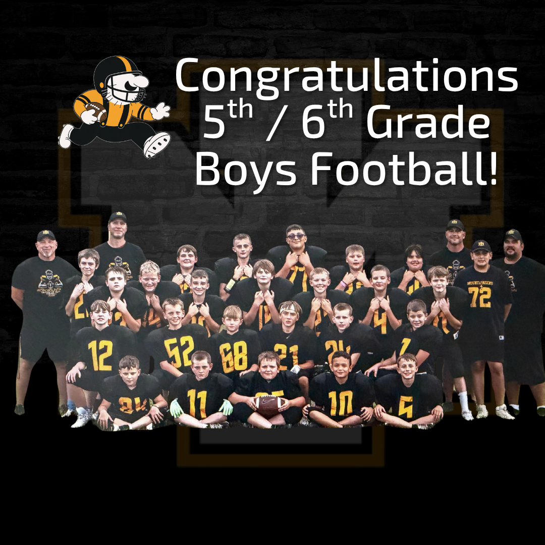 5th/6th Grade Boys Football team portrait with "Congratulations 5th/6th Grade Boys Football!" text and mascot.